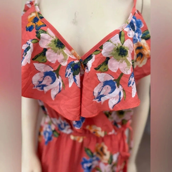 HINT OF BLUSH CORAL FLORAL PRINT OFF THE SHOULDER FAUX WRAP RUFFLE MAXI DRESS L - Picture 15 of 16